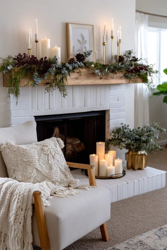 Clean white mantel with simple greenery, white candles, and minimal ornamentation.
