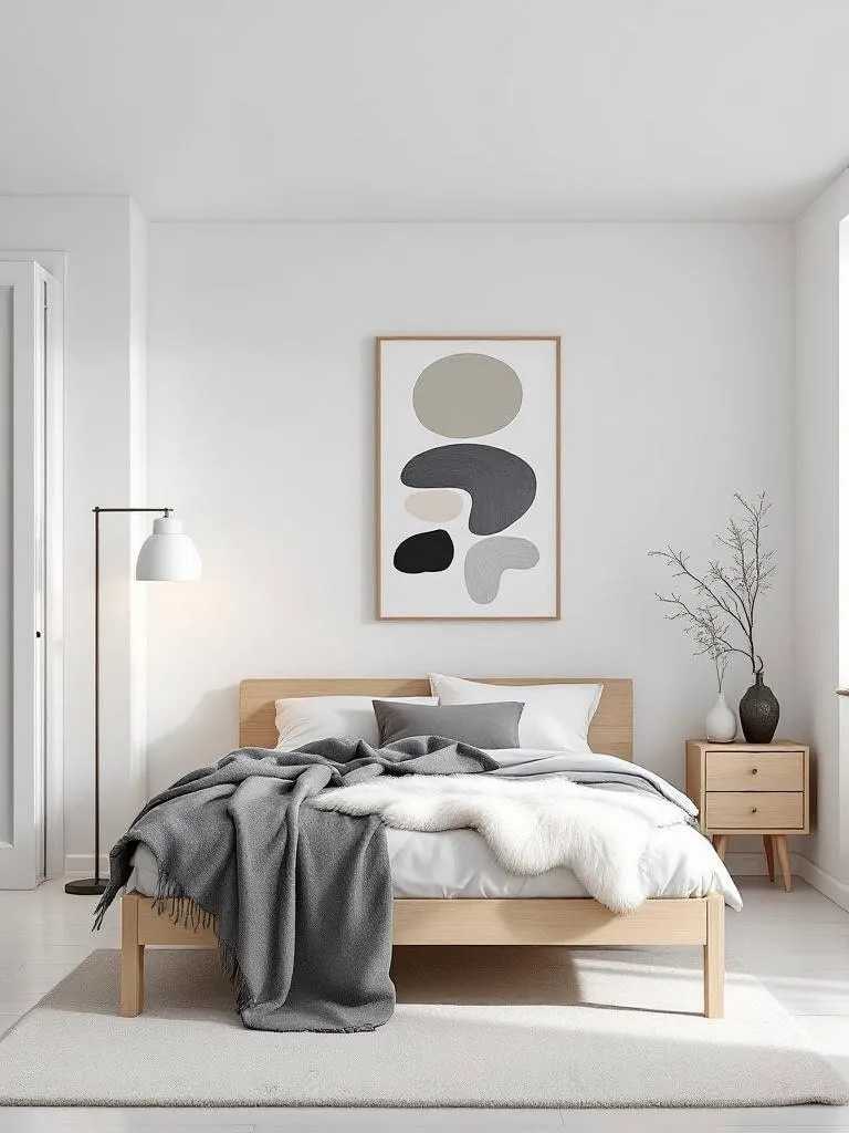 Scandinavian minimalist men’s bedroom with light wood furniture, abstract art, and airy white walls.