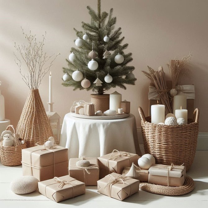 Scandinavian living room corner with neutral wrapped gifts, blonde wood bench, and soft warm lighting.