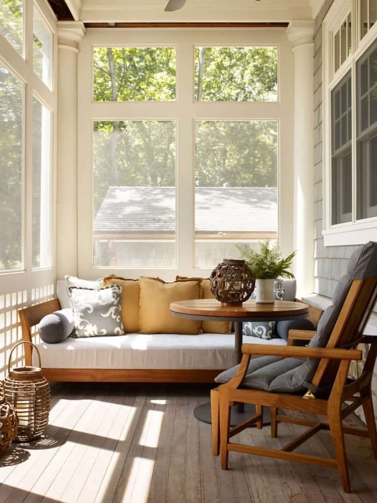Screened in porch with a corner daybed, white lattice privacy screen, and floral cushions.