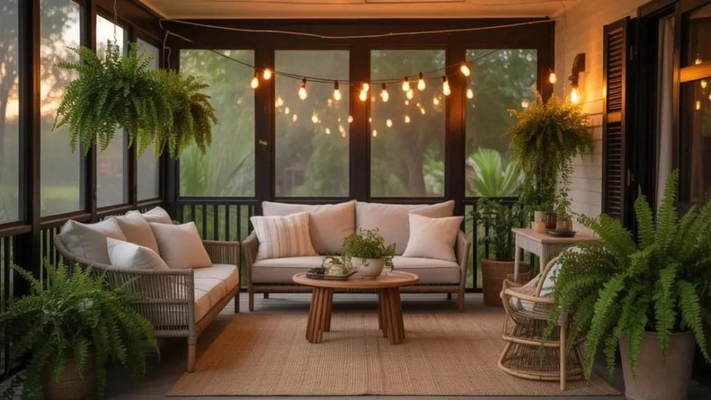 Screened in porch at night with glowing string lights, outdoor furniture, and warm ambiance.