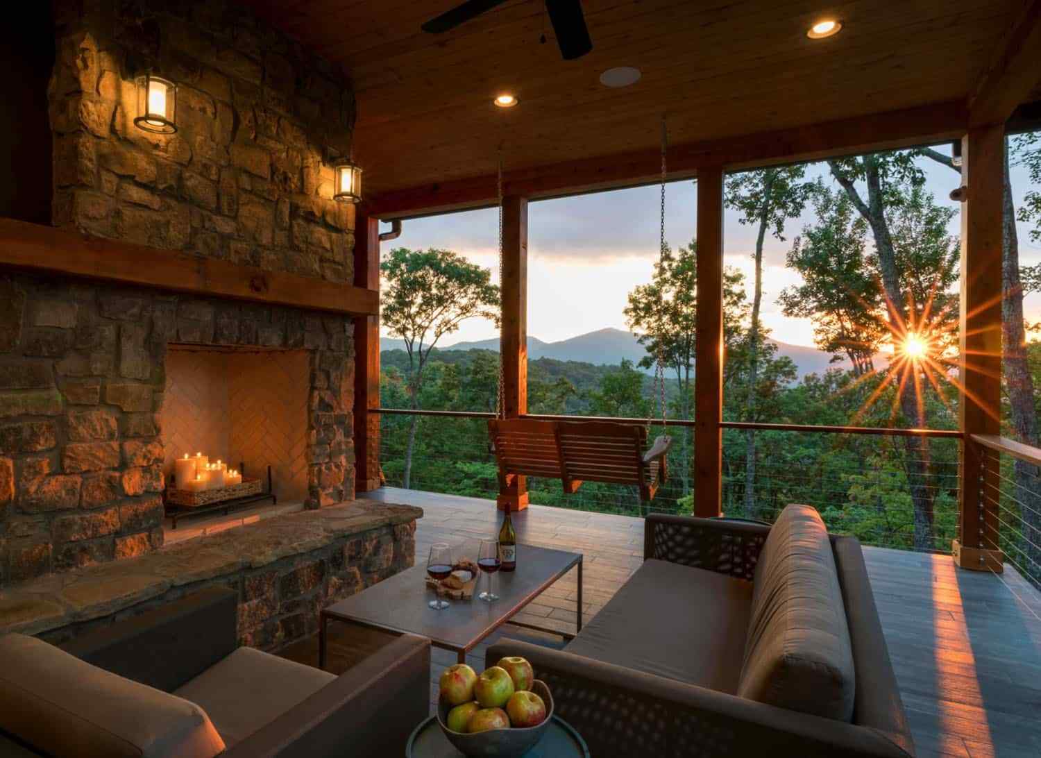Screened in porch ideas skylight fireplace combination creating a bright and warm architectural space.