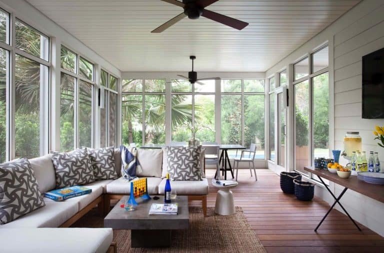 Screened in porch ideas yellow chairs entry featuring a bright pop of color and welcoming vibe.