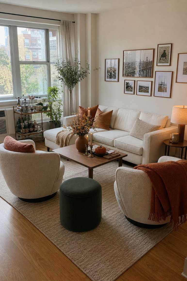 Sofa and chairs arranged in a U-shape around a rug open space for movement