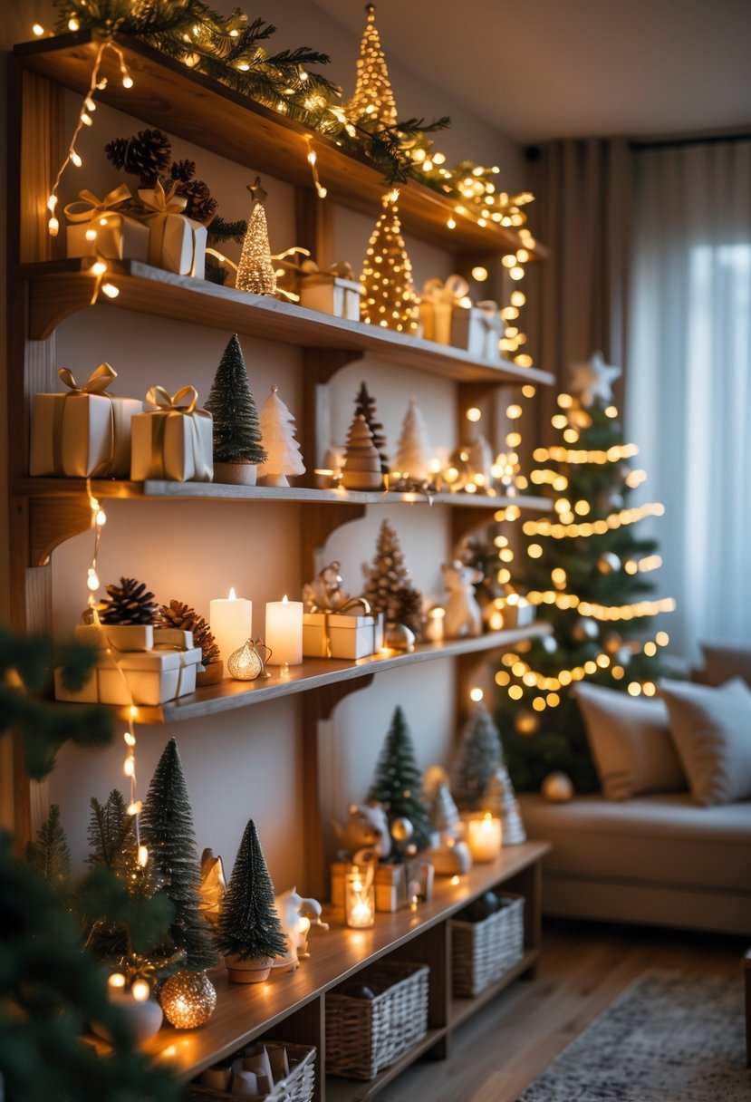 Open bookshelf lined with warm white string lights, displaying holiday books, glass ornaments, and small potted succulents.