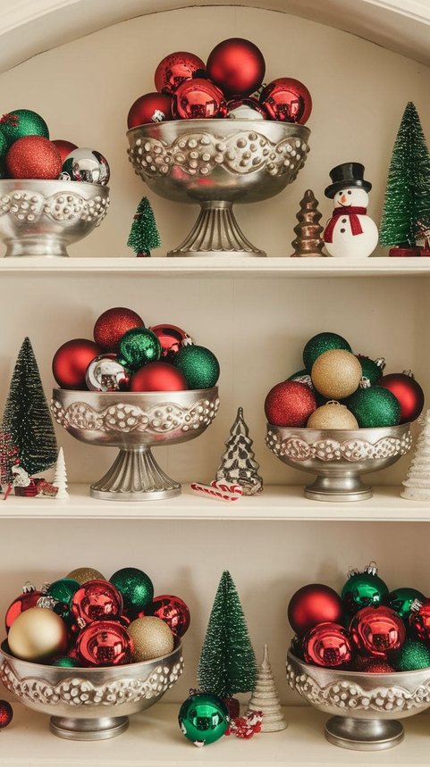 Silver compotes filled with ornaments on a shelf in a luxurious holiday display.