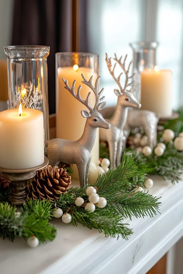 Elegant mantel with silver reindeer figurines, mercury glass ornaments, and silver ribbon.