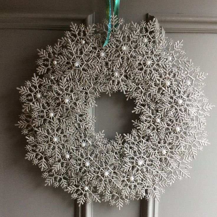 A delicate, shimmering silver snowflake wreath perfect for a winter wonderland theme.