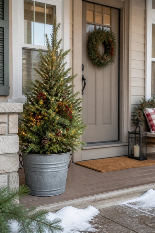 Front porch single bucket tree, pine saplings, rustic metal bucket, soft yellow lighting