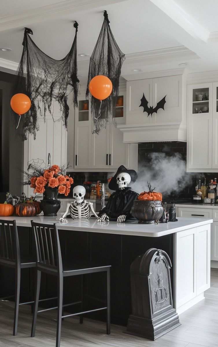 Kitchen island with skeleton dinner and witch cauldron