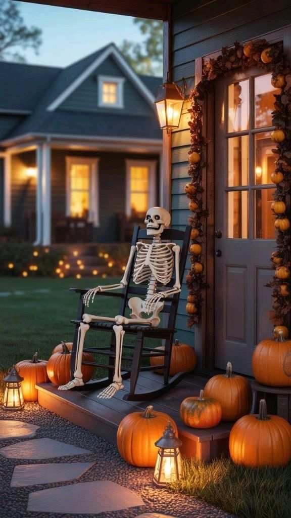 Porch with a skeleton rocking chair and pumpkins on the steps.
