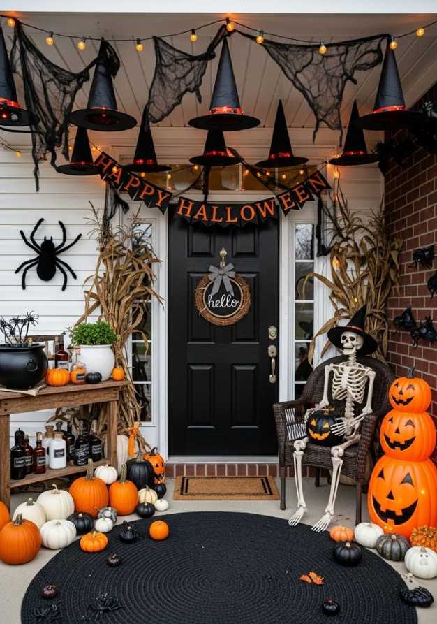 Porch with a skeleton in a wicker chair, a witch hat, and a pumpkin tower.