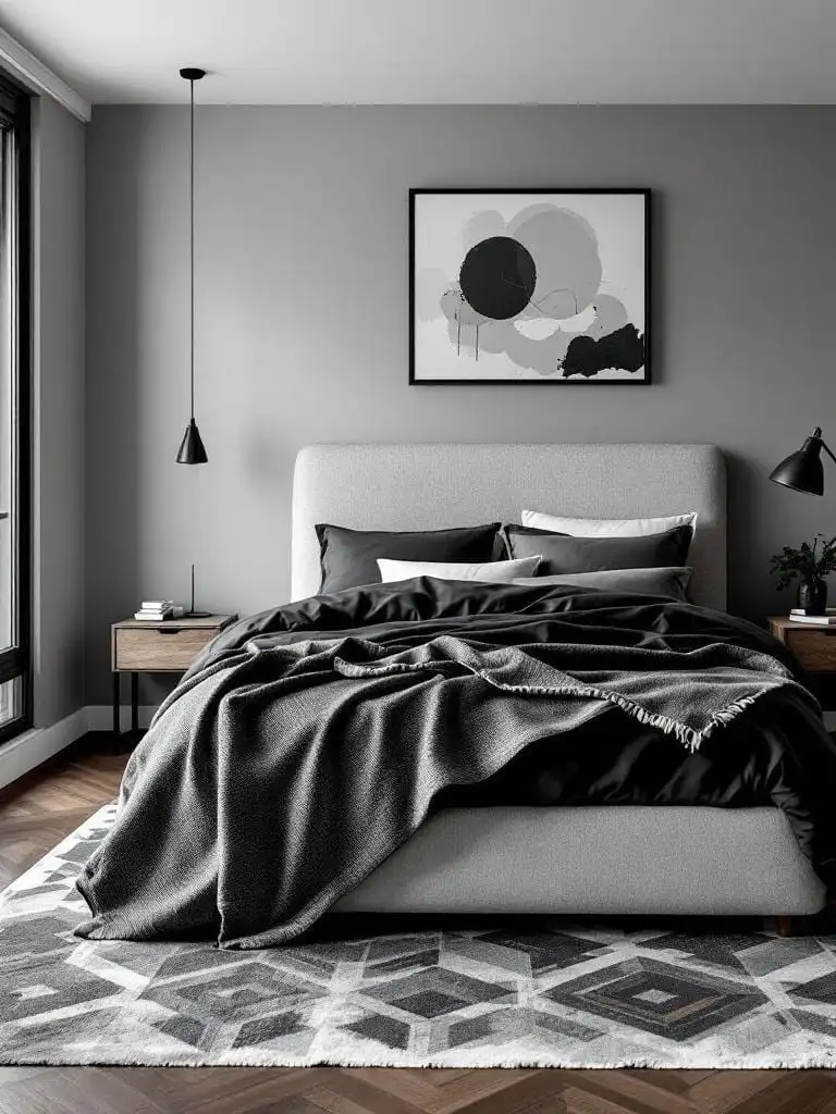 Sleek grey and charcoal bedroom featuring a bold geometric rug and contemporary furnishings.