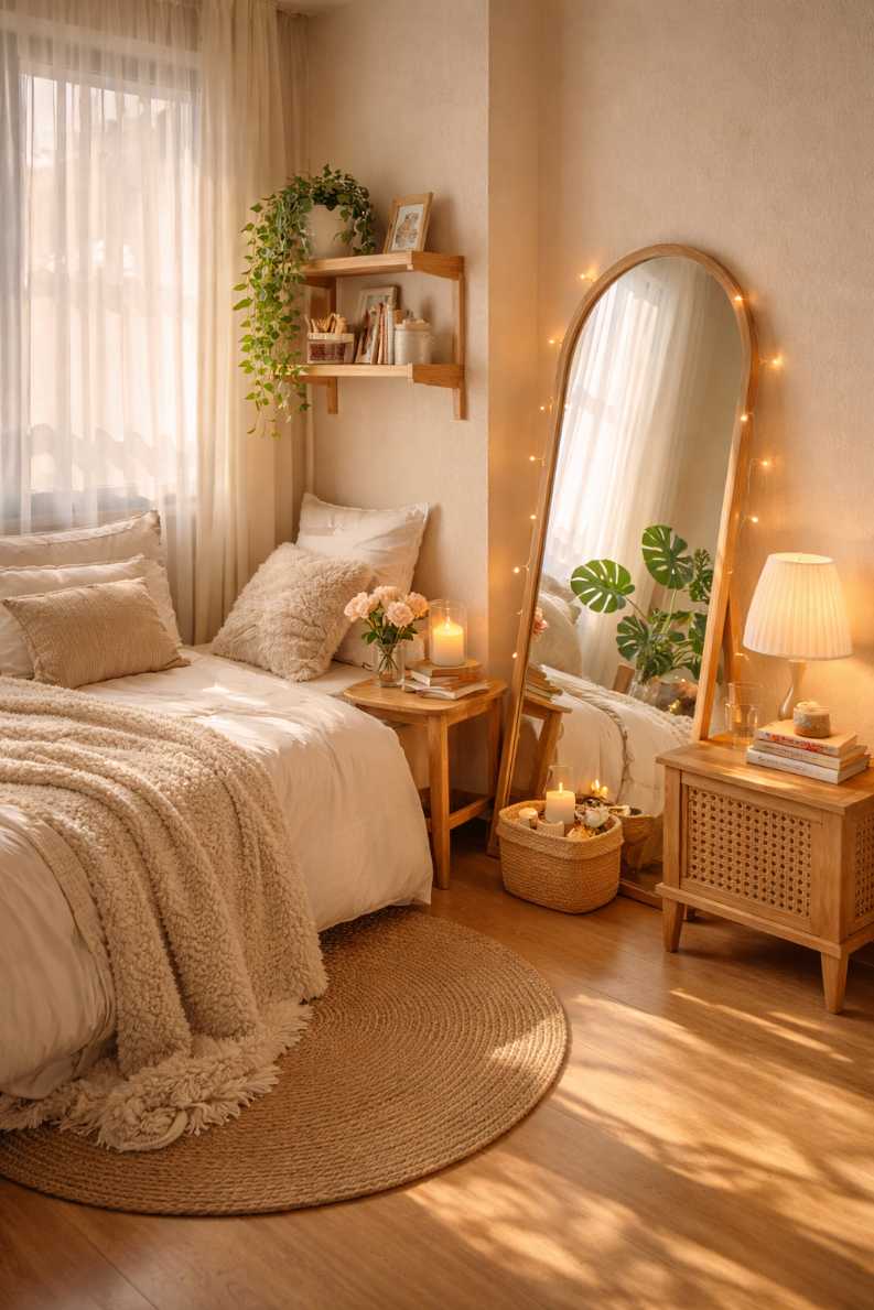 Small bedroom decor featuring an arched floor mirror leaning against white wall