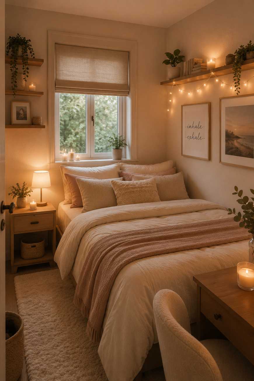Small bedroom decor with floating shelves holding books and lit candles