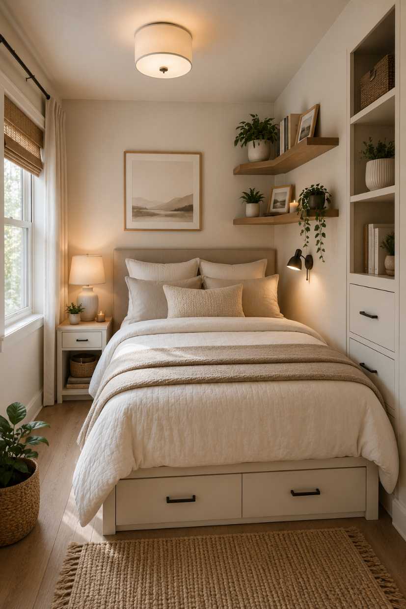 Small bedroom decor using corner shelving unit with drawers for hidden storage