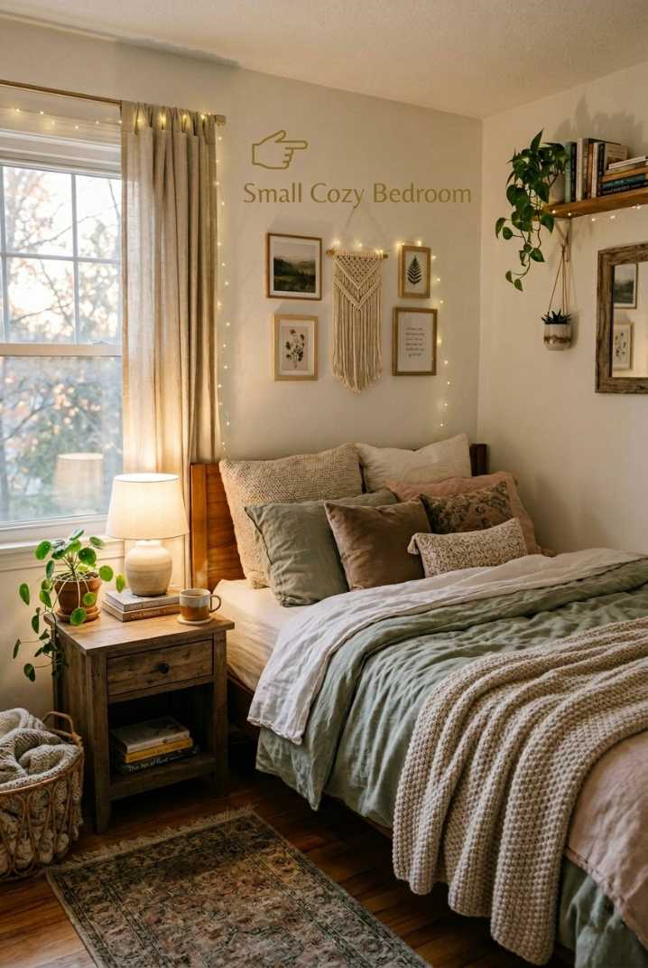 Small bedroom decor with boho style and warm fairy lights above the bed