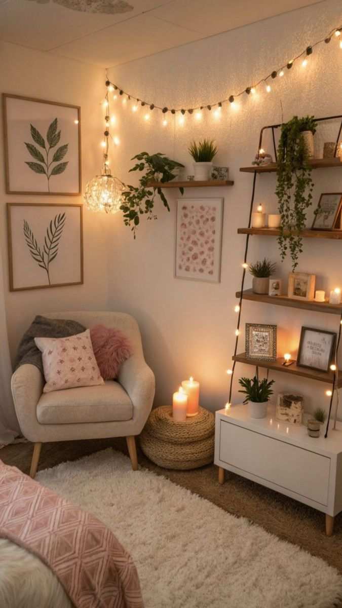 Small bedroom decor featuring a cozy corner reading nook with a cushioned chair