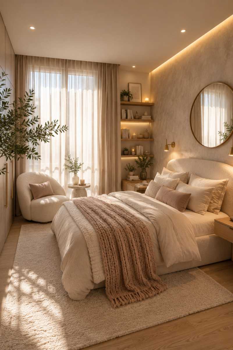 Small bedroom decor with a curved boucle chair in a tucked away cove area