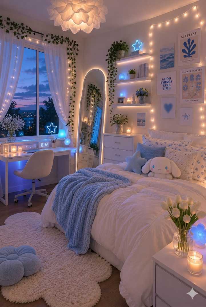 Small bedroom decor with dreamy blue LED strip lights behind the headboard