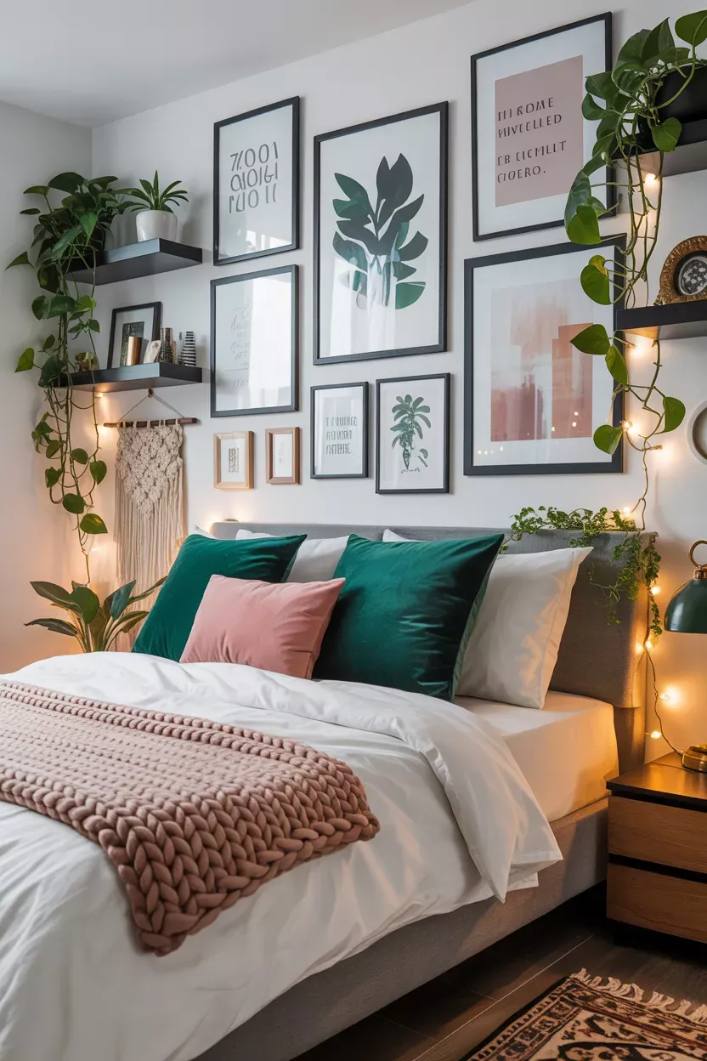 Small bedroom decor with emerald green pillows and a small gallery wall of art