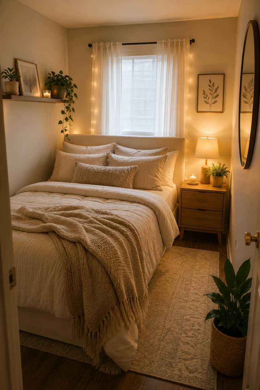 Small bedroom decor with fairy lights strung through sheer curtains by the window