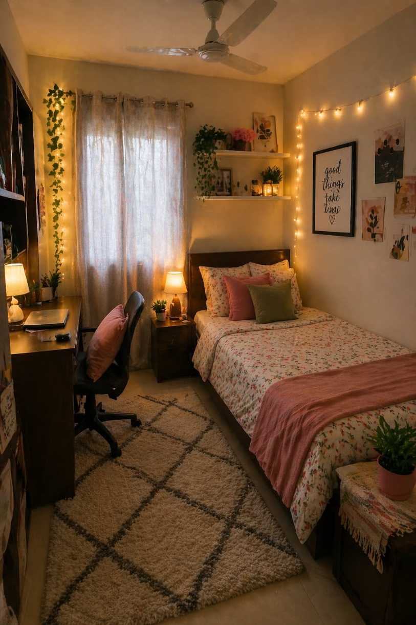 Small bedroom decor with a desk setup featuring fairy lights and minimal accessories