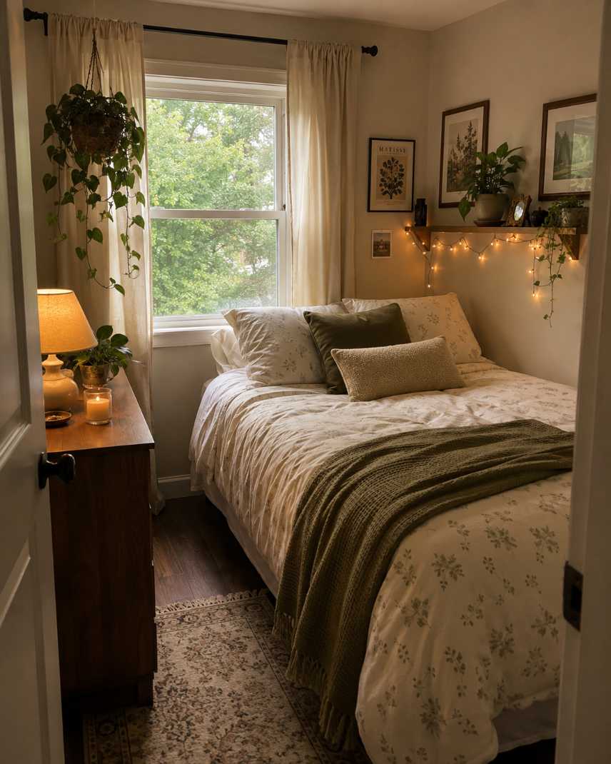 Small bedroom decor with a hanging plant illuminated by warm fairy lights