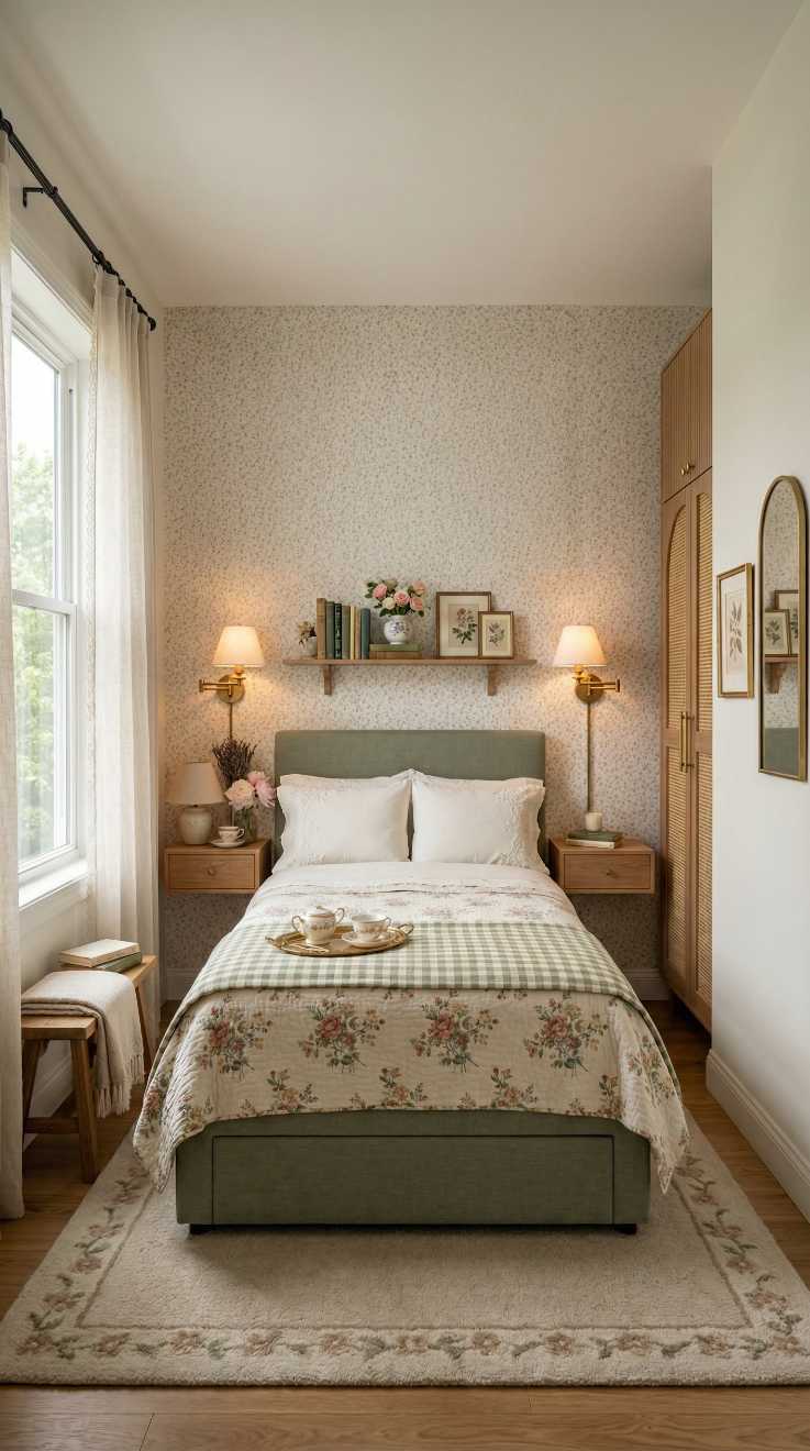 Small bedroom decor with delicate floral wallpaper and minimalist wall sconces