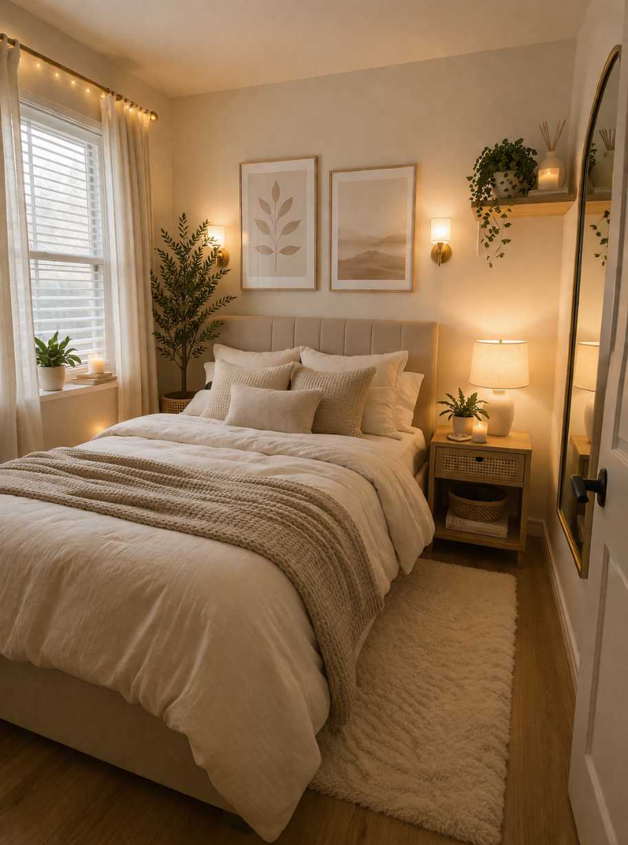 Small bedroom decor with a fluted wood headboard and modern wall sconces