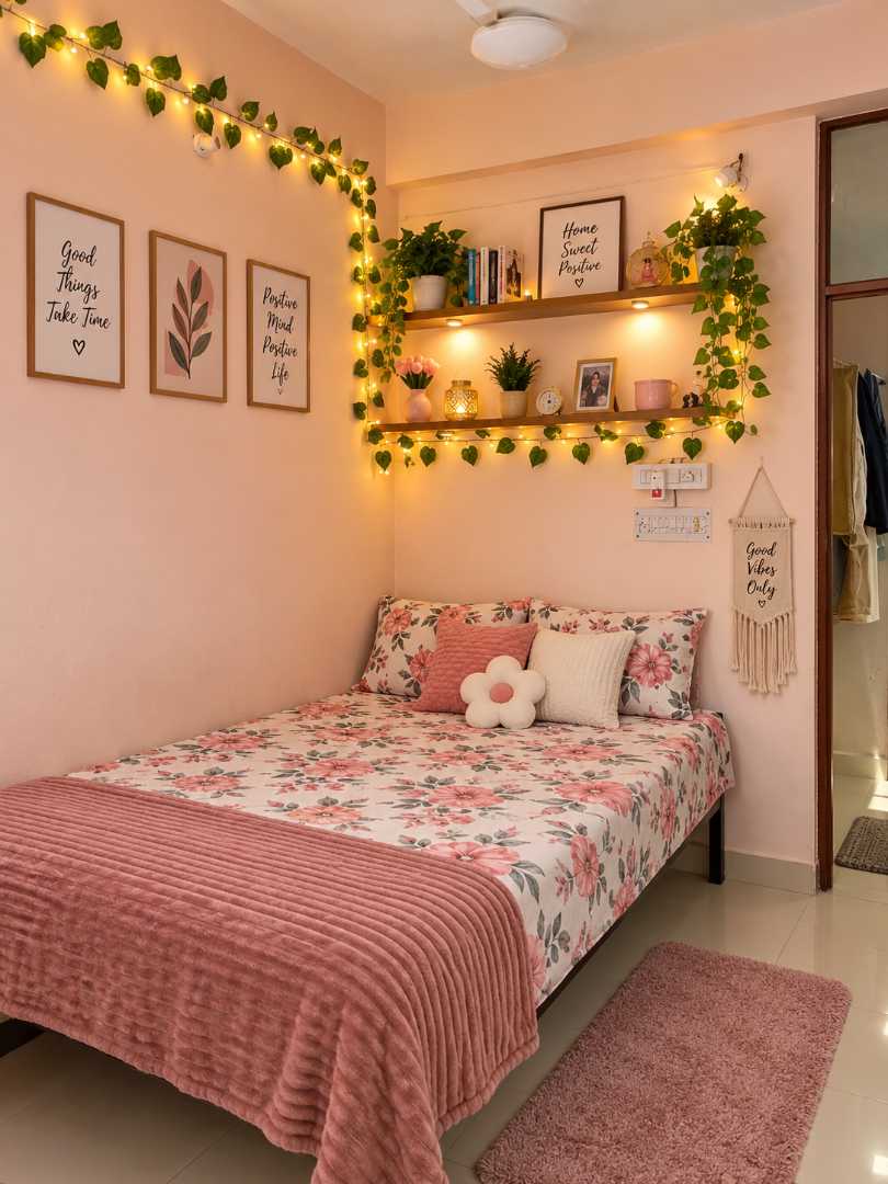 Small bedroom decor with ivy vine fairy lights draped over a shelf