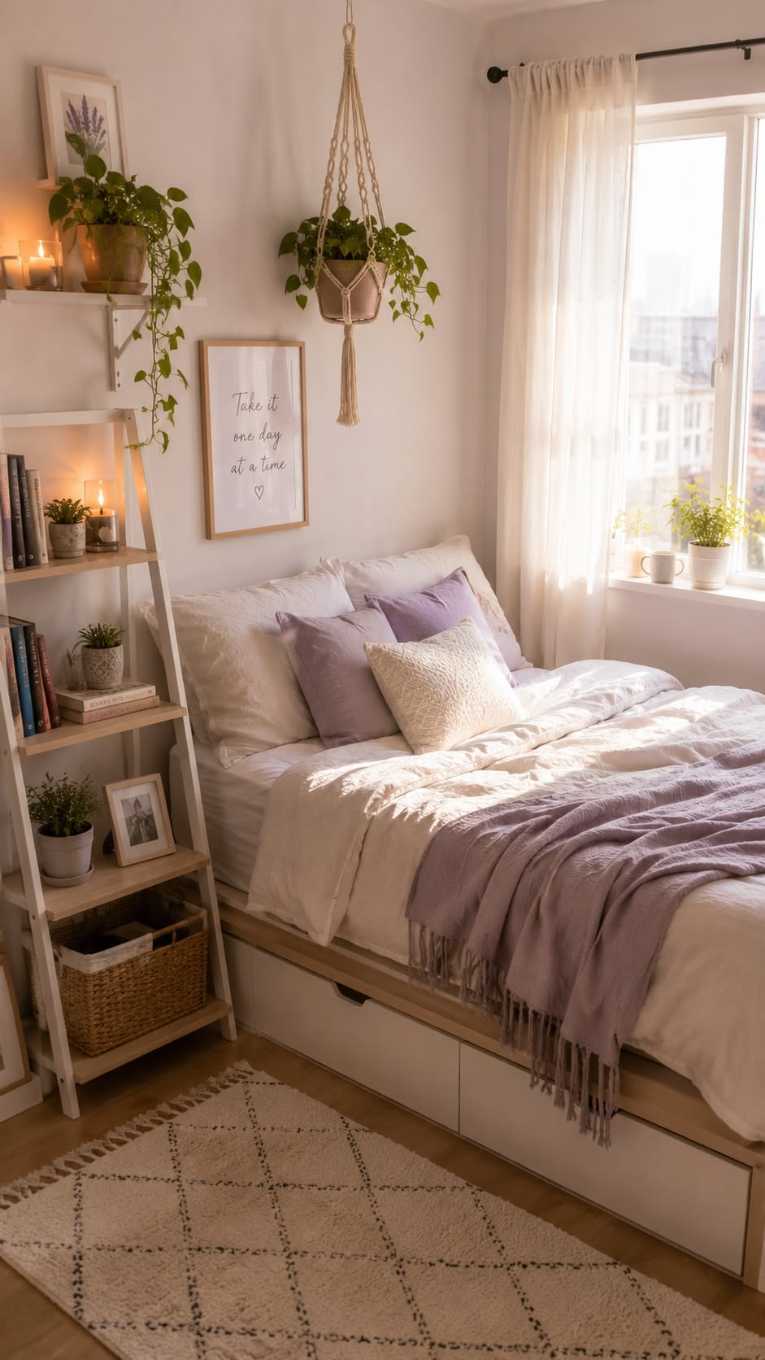 Small bedroom decor with lavender accents and a leaning ladder shelf