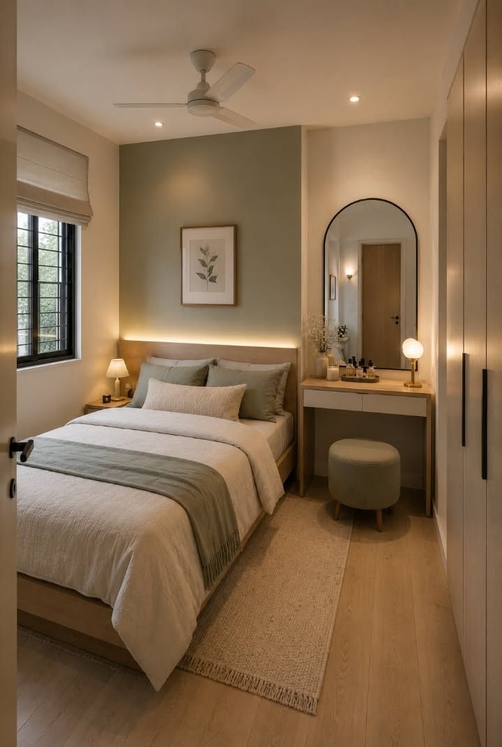 Small bedroom decor with an LED lighted headboard and a sleek vanity