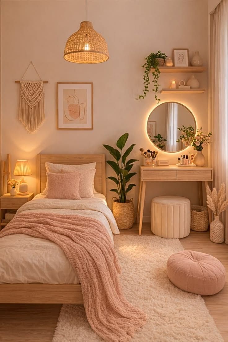 Small bedroom decor with a lighted vanity desk and round mirror