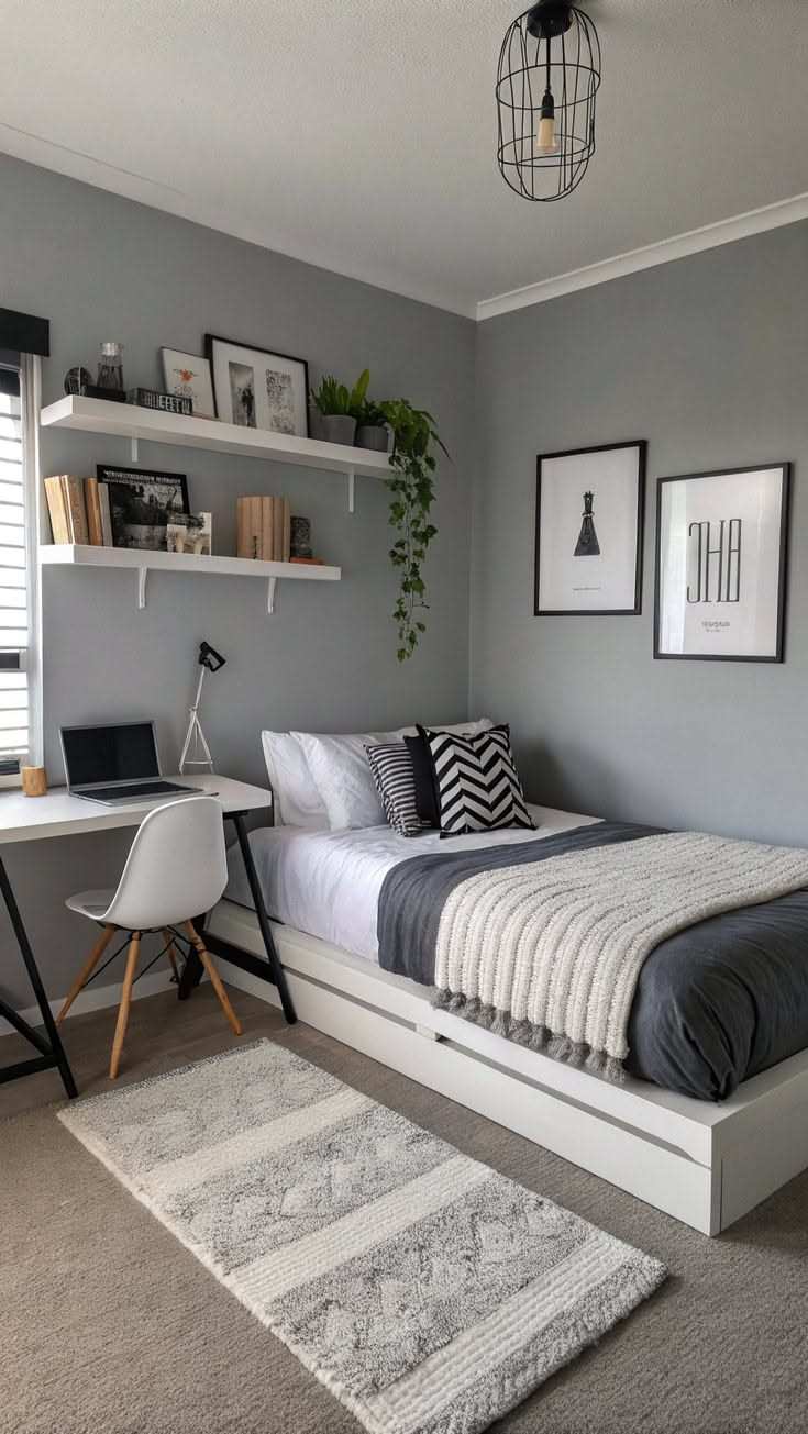 Small bedroom decor with a minimalist desk and open wall shelves