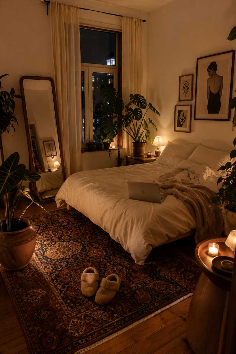 Small bedroom decor with a moody vintage rug and potted plants