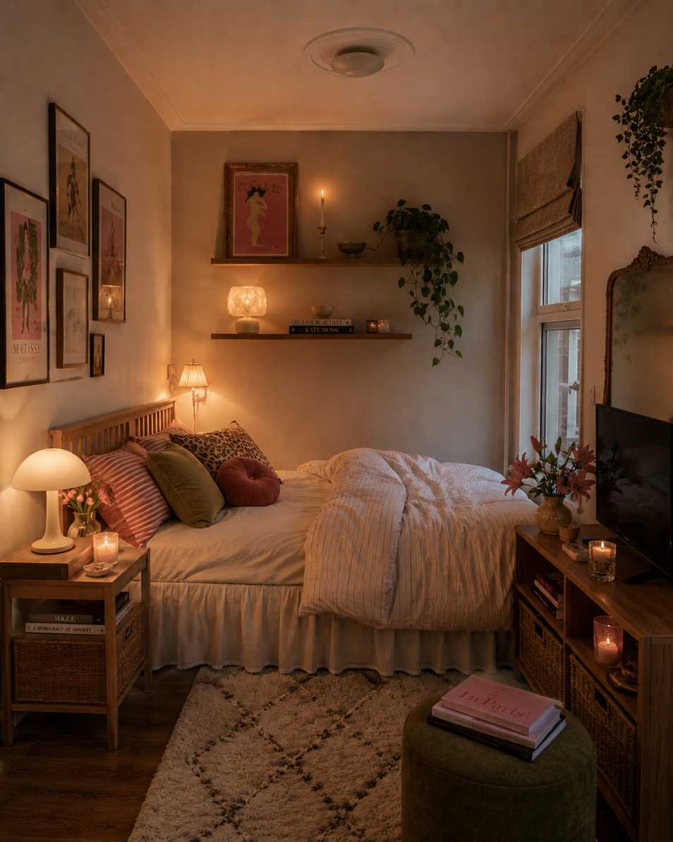 Small bedroom decor with a moody wooden slat bed and dark bedding