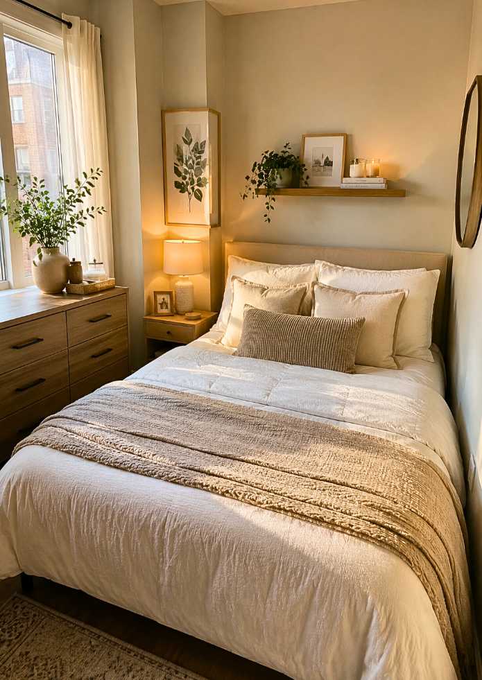 Small bedroom decor with a single neutral floating shelf and small decor