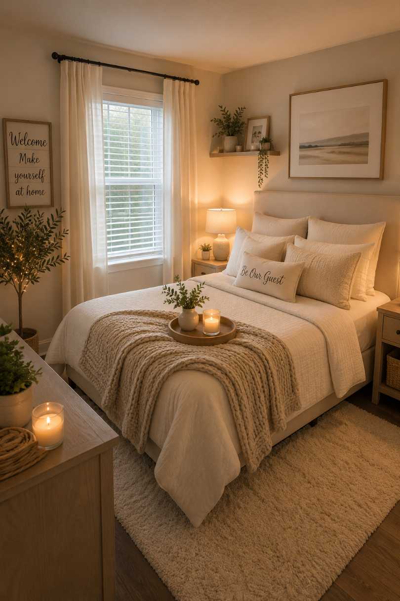 Small bedroom decor with a neutral guest bed and simple linens