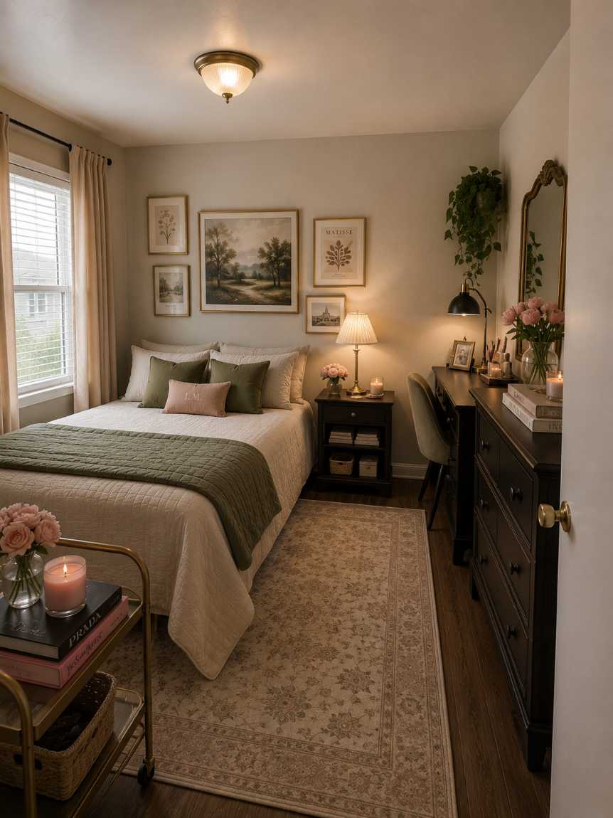 Small bedroom decor with olive green accents and framed vintage art