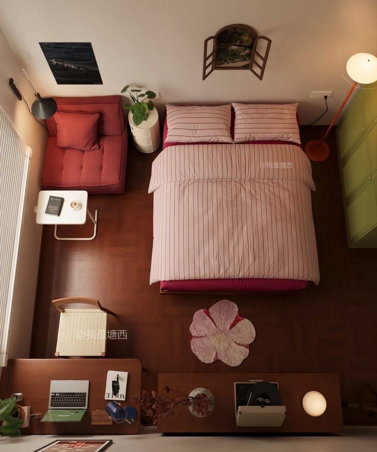 Small bedroom decor with an overhead view of a compact and efficient layout