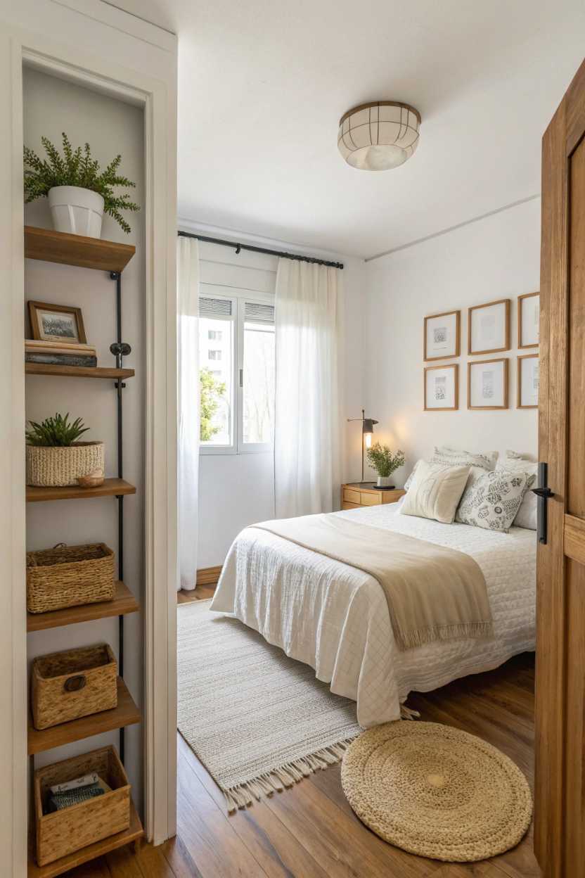 Small bedroom decor with recessed wall shelves for built-in storage