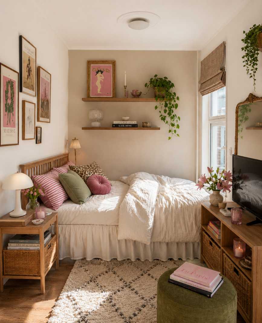 Small bedroom decor with a ruffle bedskirt and a low-profile TV stand