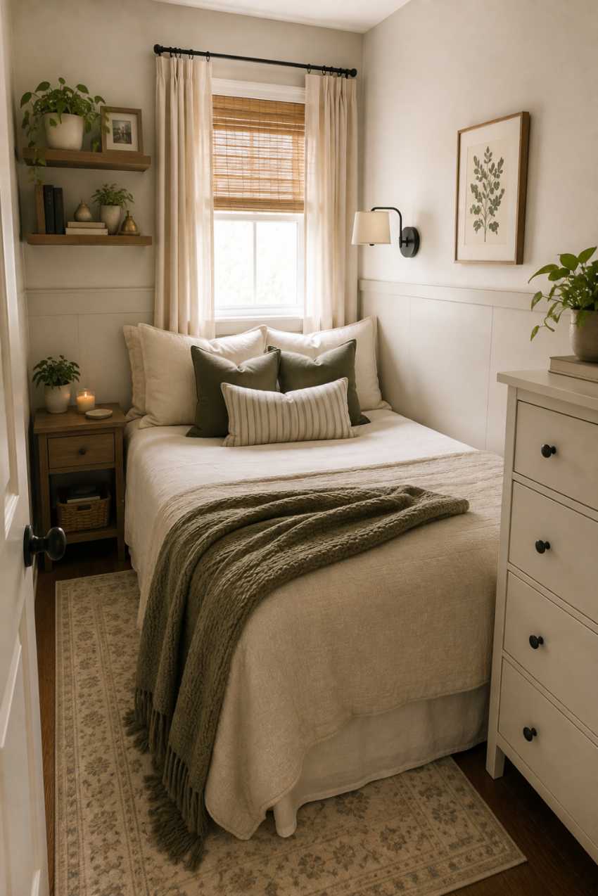 Small bedroom decor with sage green accents and natural wood tones