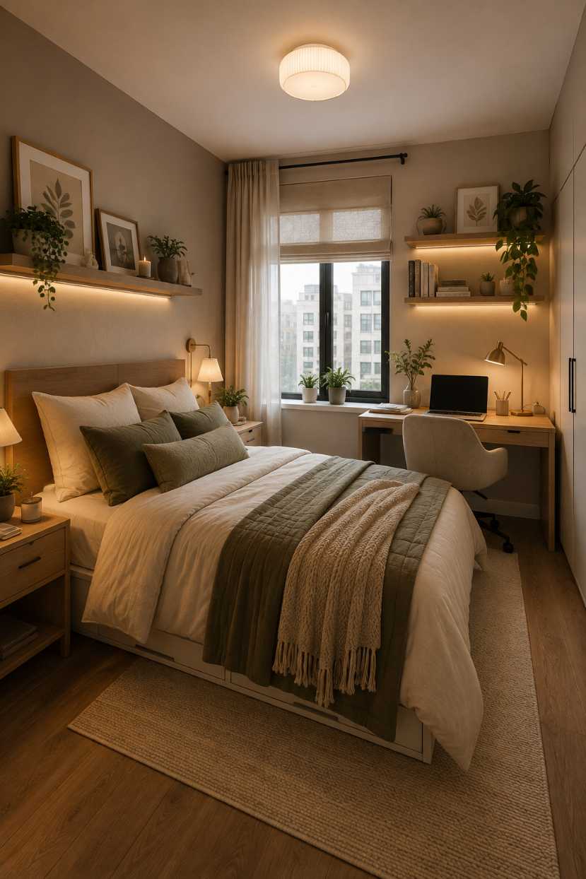 Small bedroom decor with a study desk workspace and ergonomic chair