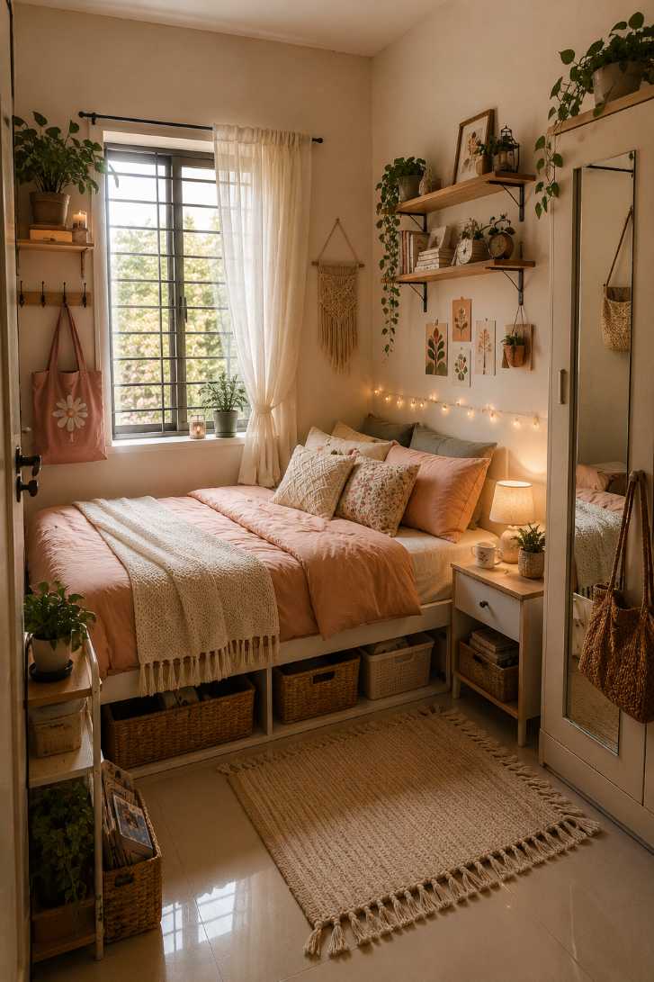 Small bedroom decor with underbed basket storage for blankets and clothes