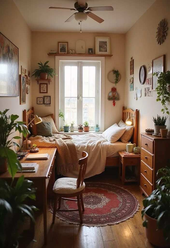 Small bedroom decor with a vintage window, bed, and desk arrangement