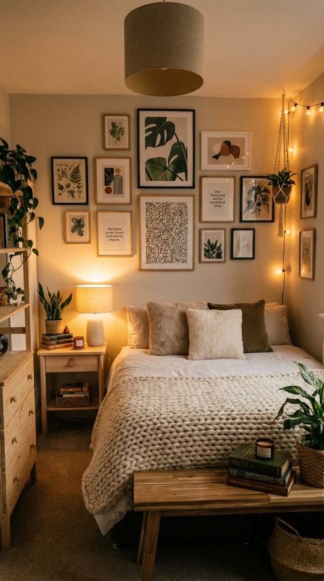 Small bedroom decor with a warm neutral gallery wall of art and photos