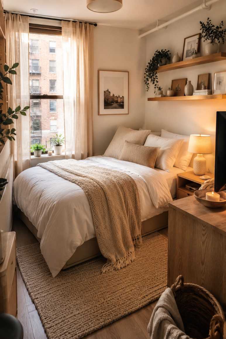 Small bedroom decor with floating shelves in a window corner