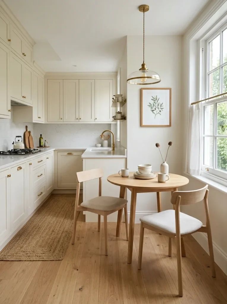 Cozy kitchen nook with bistro table, cushioned bench, pastel wall tiles, pendant lighting, potted herbs.